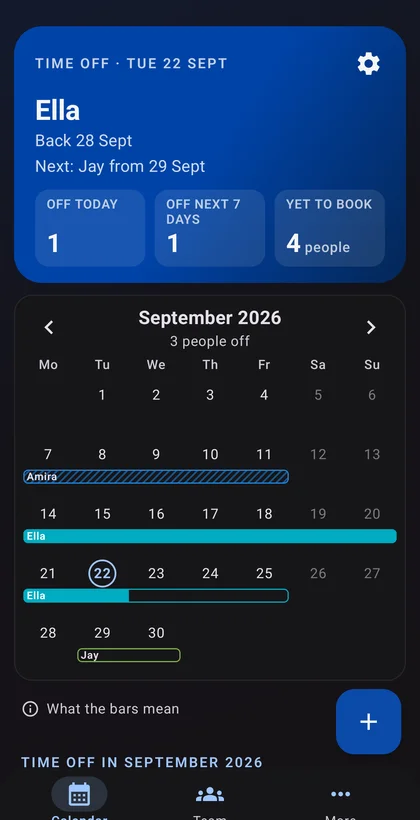 Holidays+ time-off screen: who is off today, off in the next seven days and yet to book, above a September calendar with each person's time off on a coloured bar.