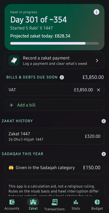 Muslim Budget zakat screen showing hawl progress, projected zakat due and zakat history.