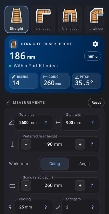 StairCalc straight stair: a 186 mm riser height marked within Part K limits, 14 risers, a 260 mm going and a 35.5 degree pitch, above the measurements for total rise, stair width, riser height and going.