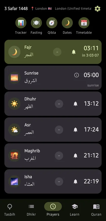 Tasbih+ prayer times screen listing Fajr through Isha with a countdown to the next prayer.